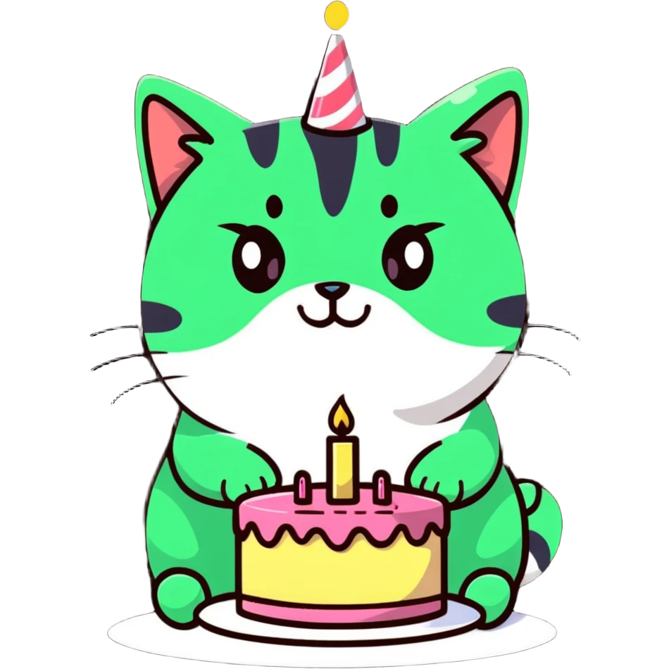 tricolor fluffy cat with big green eyes celebrating her birthday with a cake and champagne emoji