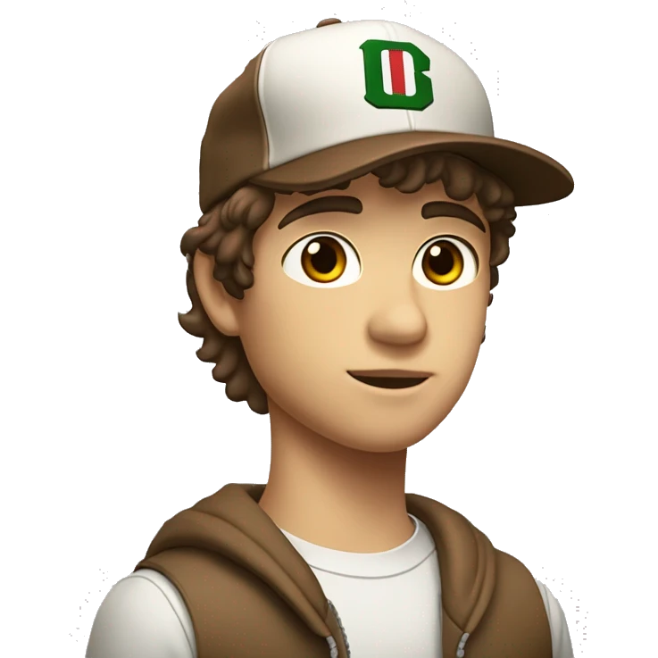 Teenager boy type italian, White skin, with baseball cap backwards with wavy brown hair (Which go down behind to the nape of the neck), Little bit dezoom emoji