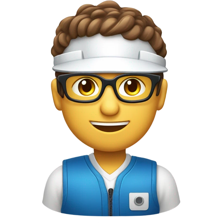 Tecnico electricista de color blanco,con cabello cafe y ojos cafe, con chaleco de seguridad azul y casco azul, gafas de trabajo, hombre, feliz emoji