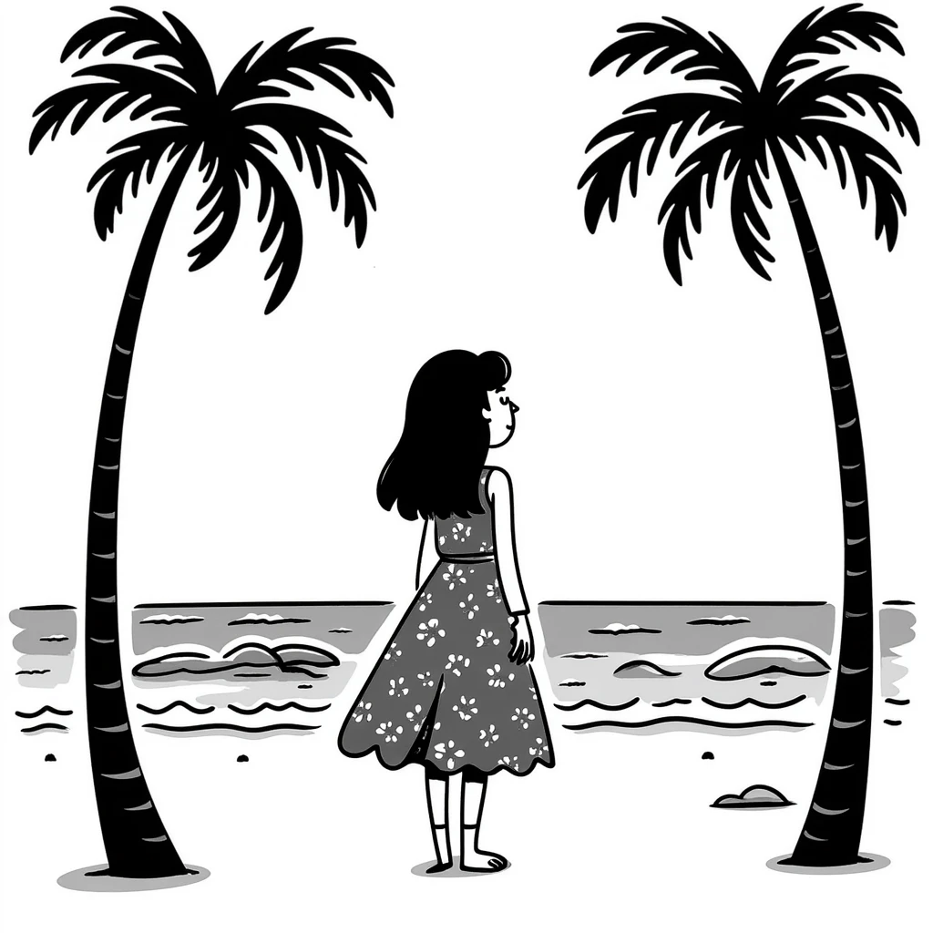 young woman in Malibu with palm trees and ocean emoji
