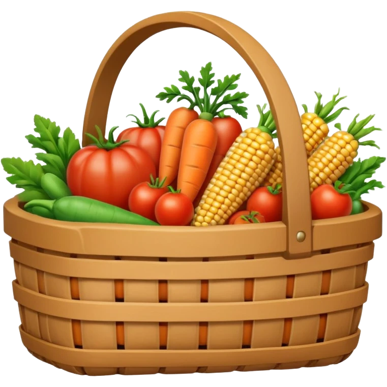 A 3D cartoon basket filled with fresh farm produce like carrots, tomatoes, and corn, placed on soil ground, soft natural lighting, Memoji-style texture. emoji