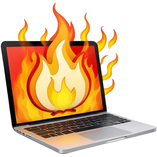 MacBook laptop with flames coming out emoji