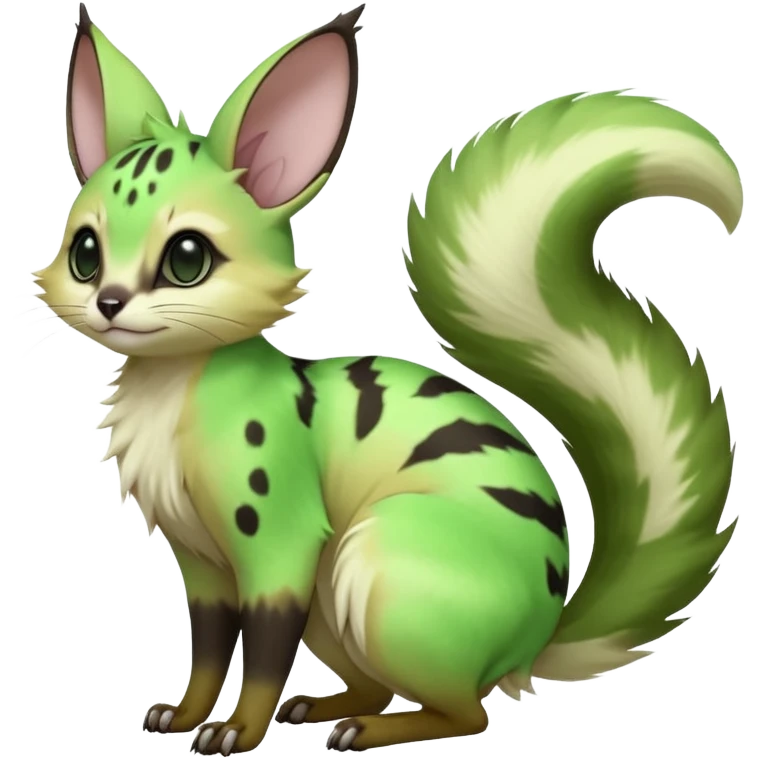  hyper-realistic neon-green-gradients black-pointed natural realistic divine beautiful elegant pretty precious cute young youthful  Fakémon-Pokémon-alien-opossum-squirrel-feline-serval-caracal-chinchilla-Minccino-Cinccino-Meowstic-rodent-hybrid-creature with a big fluffy bushy tail (full body) emoji