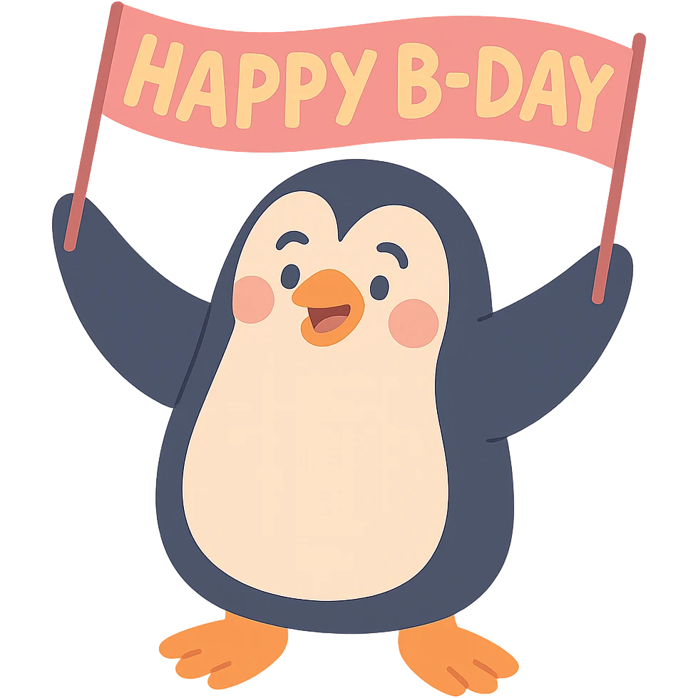 penguin holding a "Happy B-Day" banner, pastel-toon style emoji