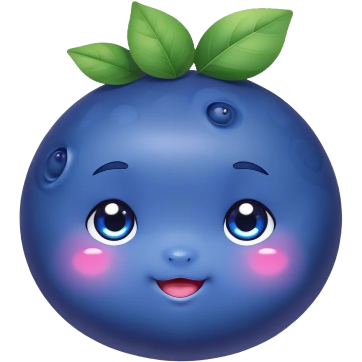 Cute Kawaii Blueberry, small and chubby, deep blue-purple with a tiny leafy crown, bright sparkling eyes, a soft round body, cute blushing cheeks, full of berry sweetness! emoji