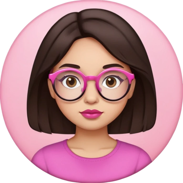 pele branca mas não tão pálida, franja acima da testa, cabelo abaixo um pouco do ombro, cabelo cor castanho escuro igual os olhos, olhos grandes, bochechas um pouco grande, lábios rosada, óculos redondo meio quadrado emoji