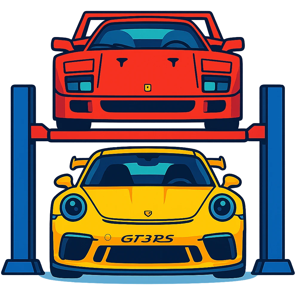 front view of a Ferrari F40 on a car lift above a yellow Porsche GT3 RS, cartoon, vibrant colors, transparent background emoji