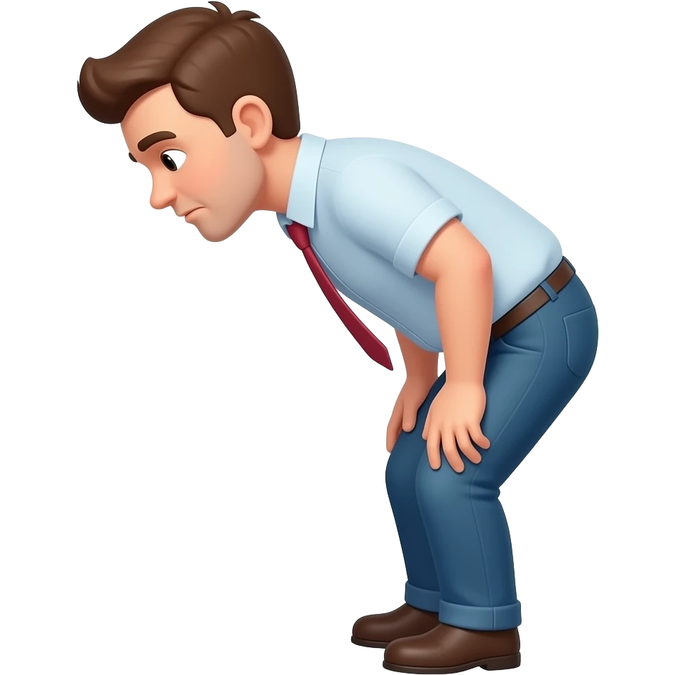 man in side view, slightly bending and farting from buttocks with a small green cloud behind him, simple flat design, rounded shapes, bright colors, clean Apple emoji style, transparent background, PNG. emoji