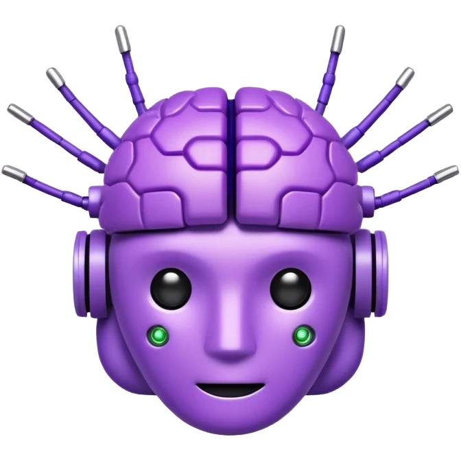 3D emoji icon of a purple circuit-patterned brain, small robot head with antennas on top, glowing binary ring, clean white background, minimalist tech style." emoji