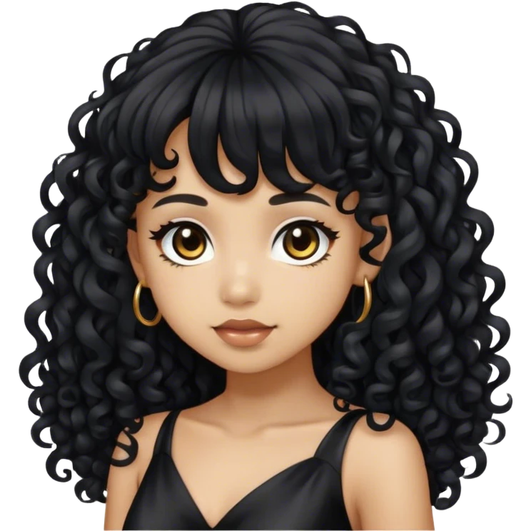 Light skin girl with black very long curly hair with bang, brown eyes, black dress emoji