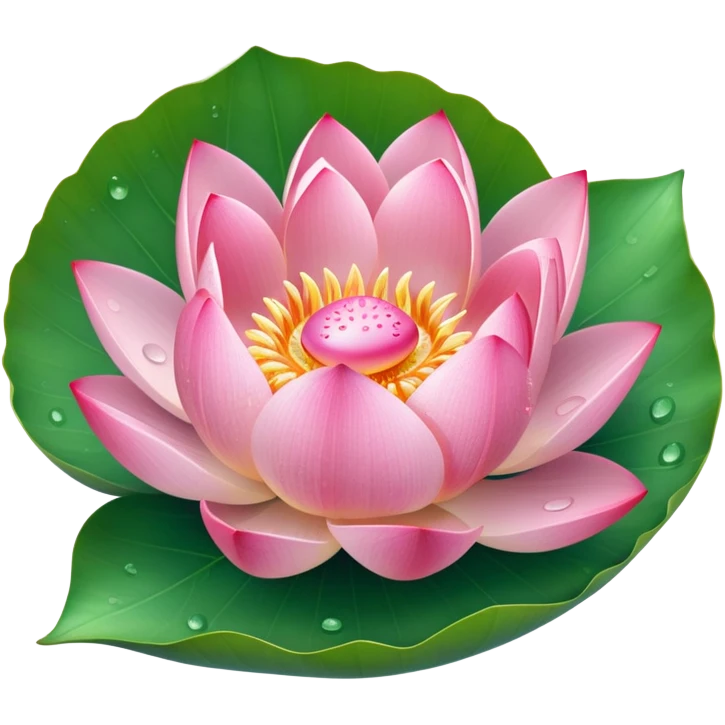 Pink lotus bud partially opening with water droplets, floating on round leaf emoji