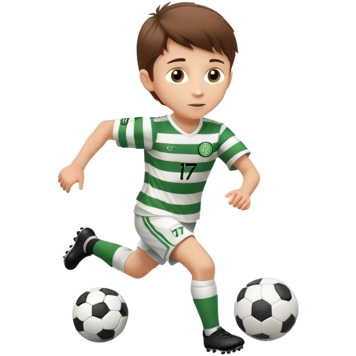 Celtic footballer jersey logo  6 years old brown hair white boy , brown eyes , stripes uniform , RUNNING  with soccer ball # 17 celtic football logo PUT ONLY ONE LOGO emoji