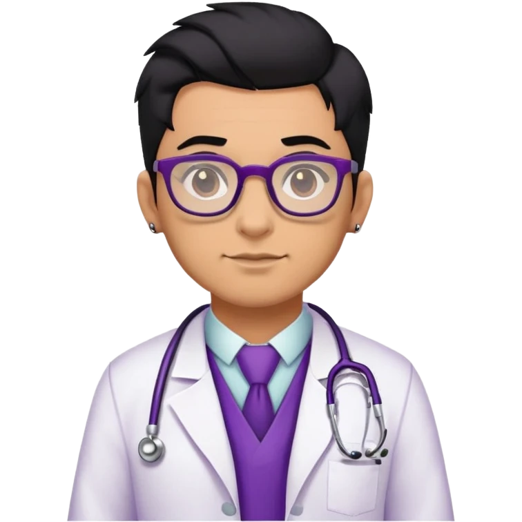 Male doctor tan skin glasses black hair, piercings and tattoos, violet uniform and white bata emoji