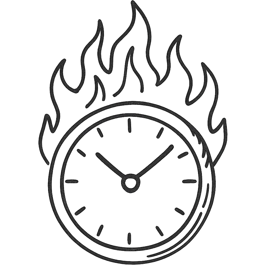 minimal hand-drawn outlined icon of a burning round clock with vivid flames, no fill emoji