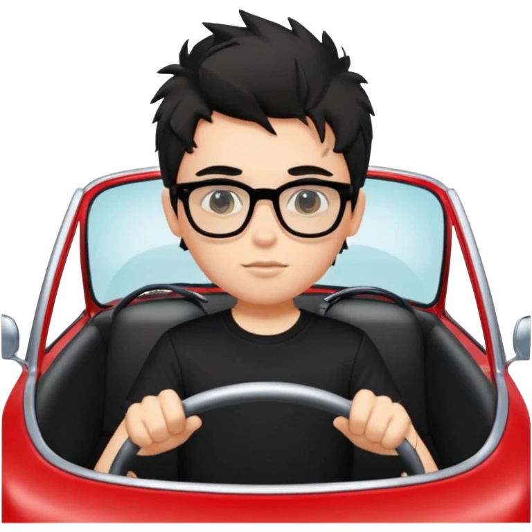 generate a pretty bratz fair skinned boy with black messy hair wearing a black tshirt driving a red car. Glasses on.  emoji