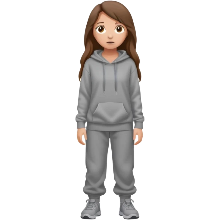 Chica grande  asustada de cuerpo completo mirado a la izquierda con pelo castaño largo  pantalones baggy  grises y hoodie gris  emoji