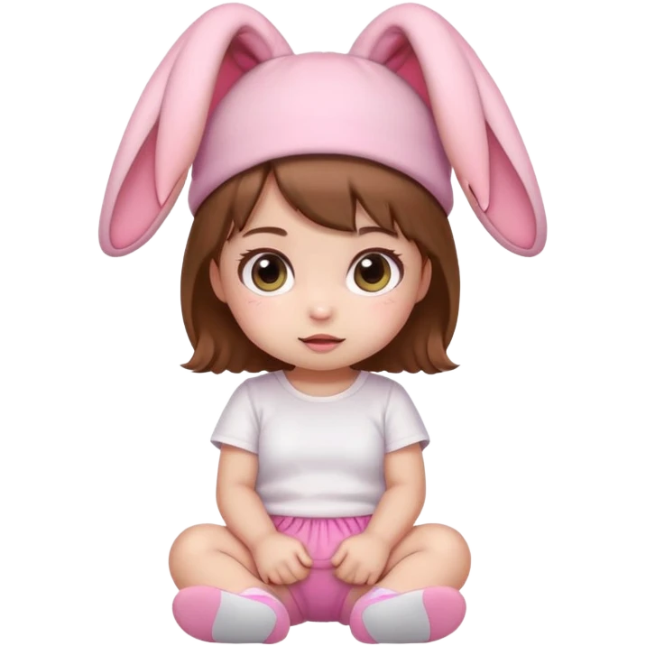 Kawaii baby girl emoji, sitting, brown hair, big eyes, pink bunny ear hat, white t-shirt, pink shorts emoji