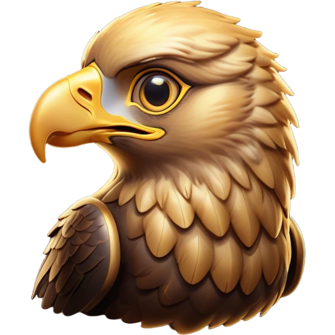 Cinematic Cute Golden Eagle Portrait Emoji, Head tilted playfully and inquisitively, featuring a compact, streamlined form with subtly ruffled, golden plumage and round, sparkling eyes full of spirited charm, Simplified yet irresistibly adorable features, highly detailed, glowing with a warm, inviting glow, high shine, affectionate and lively, stylized with a touch of whimsical aerial grace, soft glowing outline, capturing the essence of a mischievous yet endearing golden eagle that seems as if it could glide out of the screen into your heart! emoji