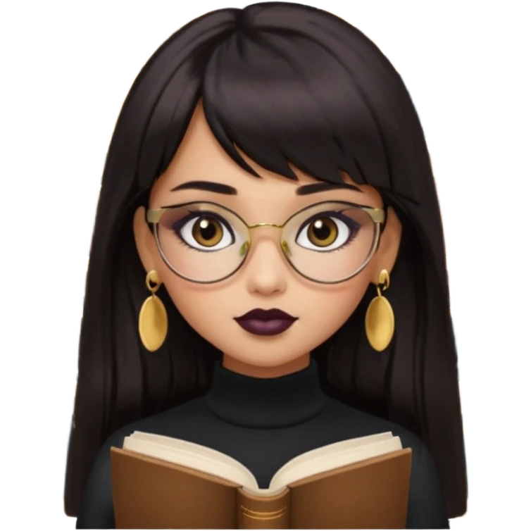 generate a pretty bratz girl with black small square spectacles, dark lipstick, gold stud earrings, black turtleneck , books in hand, dark brown straight long hair with bangs, eyeliner on,  emoji