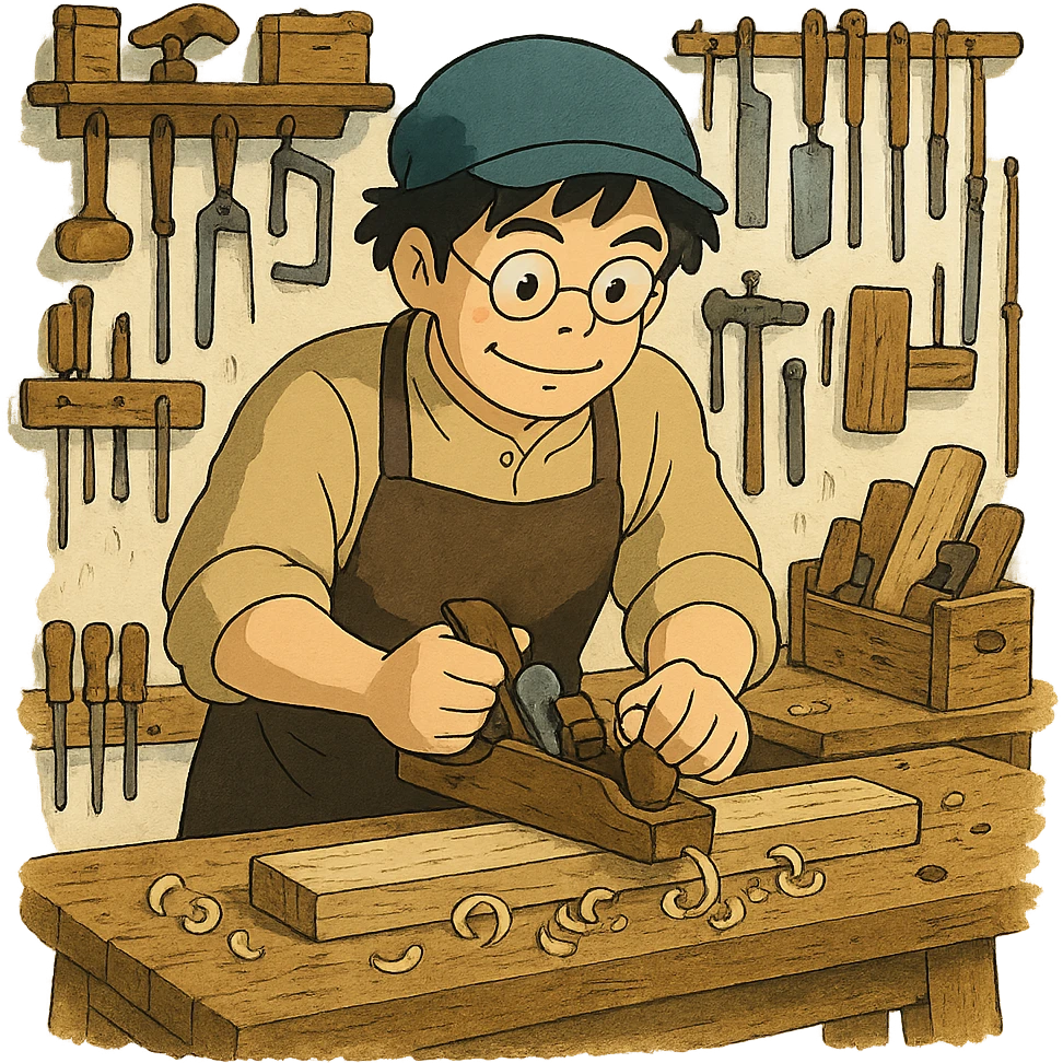 ghibli style carpintero en su taller, herramientas y banco de trabajo emoji