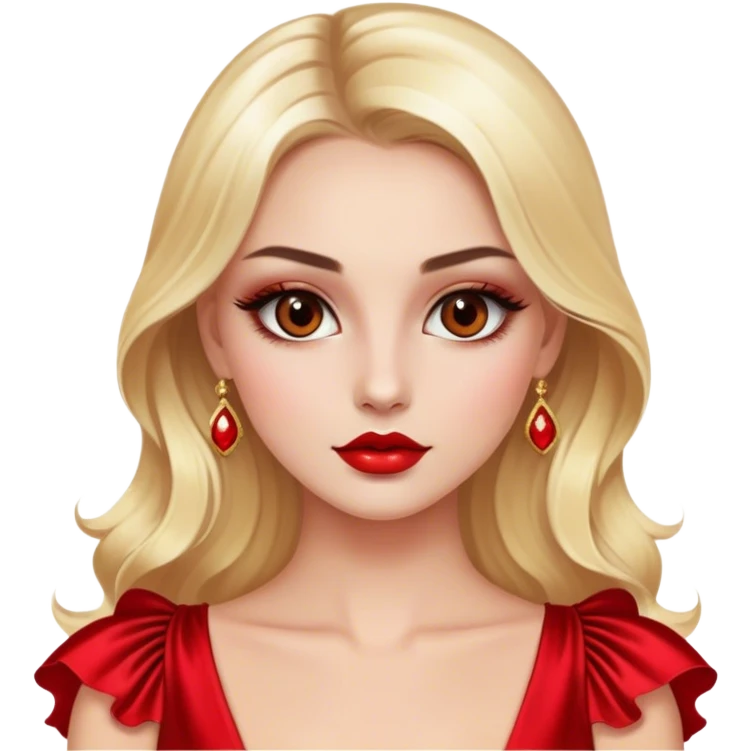 Blonde model with brown eyes, red silk dress, luxury makeup emoji