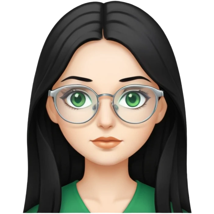 Woman with long, Black hair, Silver Glasses and with green eyes  emoji
