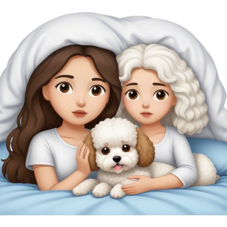 Brunette Long hair girl sick in bed with bichon frise dog emoji