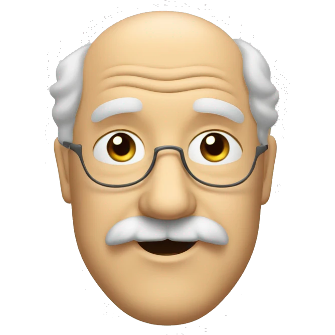 Short pudgy old man over enthusiastic face bald forehead long wavy hair moustache  emoji