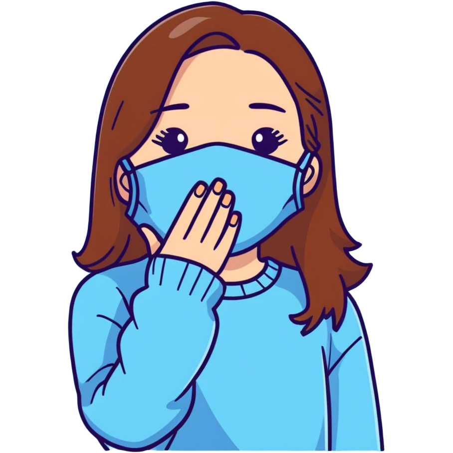 brunette girl with brown hair wearing pastel blue clothes covering her face with her hand emoji