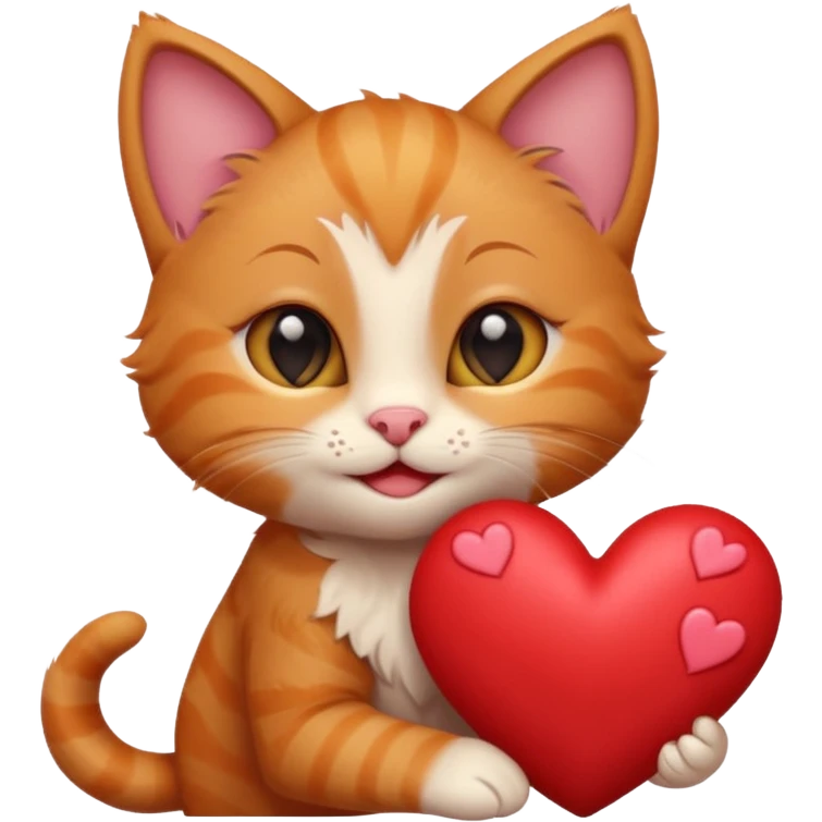 The ginger kitten is hugging a heart, very happy and smiling, he has a very beautiful face. emoji
