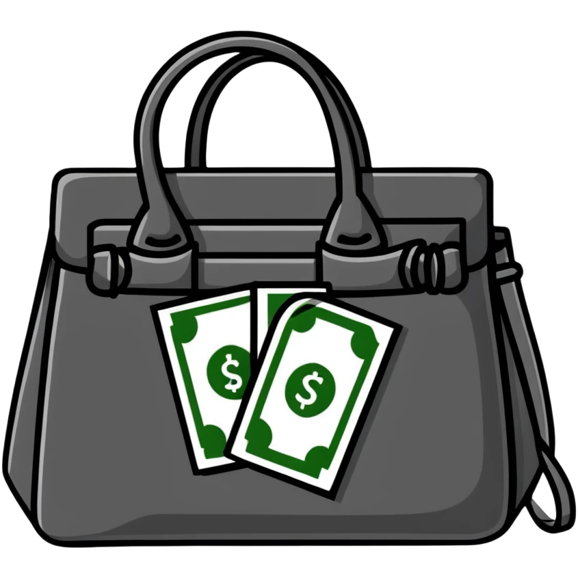 black leather handbag with dollar bill visible inside emoji