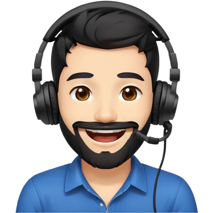 anime style laughing man with black hair, brown eyes, black beard wearing gaming headset emoji