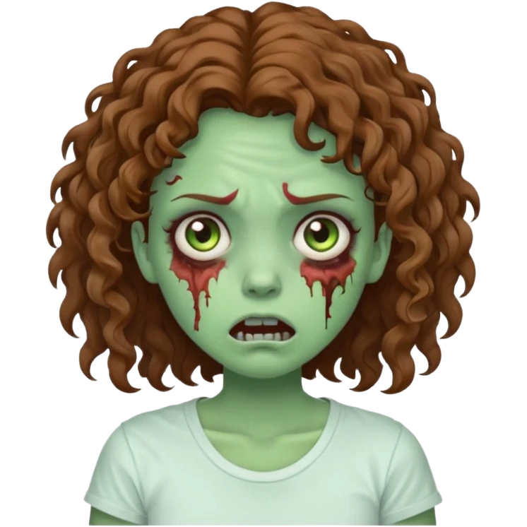 Zombie girl with curly brown hair como emoji de iphone y con la boca un poco lastimada haz que tenga una simple remera blanca puesta pero que sea zombie verde emoji