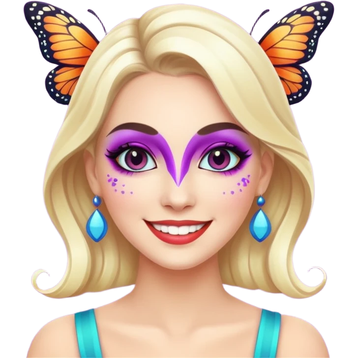 white woman with bright butterfly makeup emoji