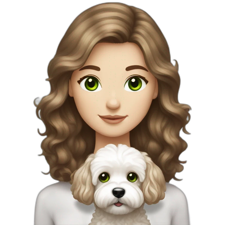 Long brown hair, green eyes, Caucasian girl with white maltipoo emoji