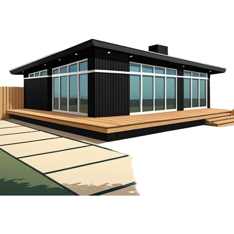 midcentury modern house with 1000 sqft and all windows and a sliding windows on corner. Single story. High ceilings, black and vertical wood slats for outside walls of home. Wood deck with complementary but different wood and shade from larger wood slats. With overhanging shade and slats. emoji