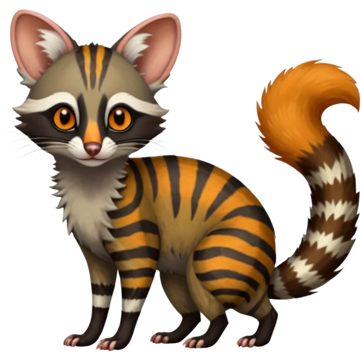 Feral Rare Fantasy shaded detailed colorful Genet-Possum-Trico-Civet-Cacomistle-Oncilla-species by LiLaiRa,, with white stripes with dark-blackish points, white belly, random markings, tufted tail, tufted ears, full body emoji