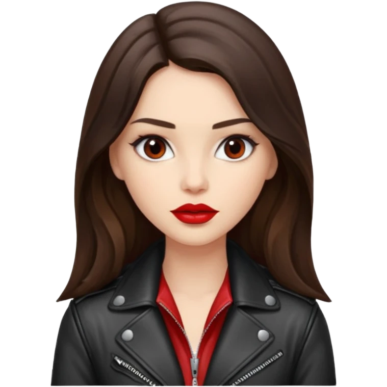 brunette with long hair in cuir jacket with red lips and very dark brown eyes emoji