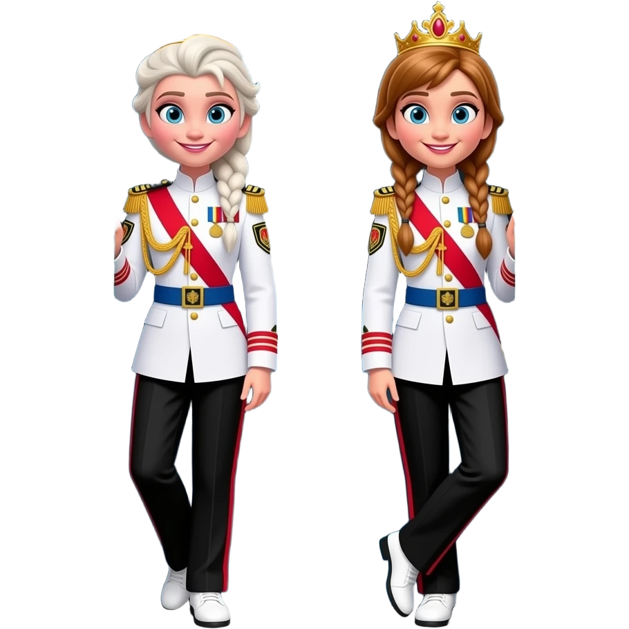 Elsa and Anna arendelle from disney frozen movie are same wearing gold tiara white military tunic arm badge shoulder cord medal red sash blue belt black trouser with both side red stripe white shoes and they both lean out of kolkata Indian suburban passenger train door in Sodpur West Bengal India emoji