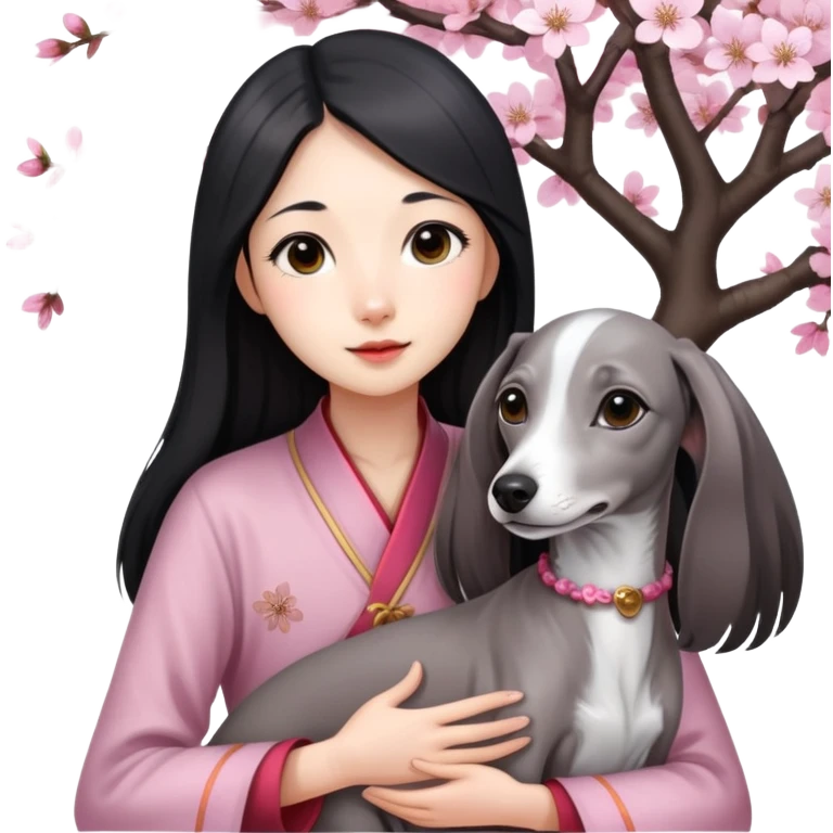 A young Chinese girl with long black hair and a pure grey Italian Greyhound with no white markings sitting under a cherry blossom tree emoji
