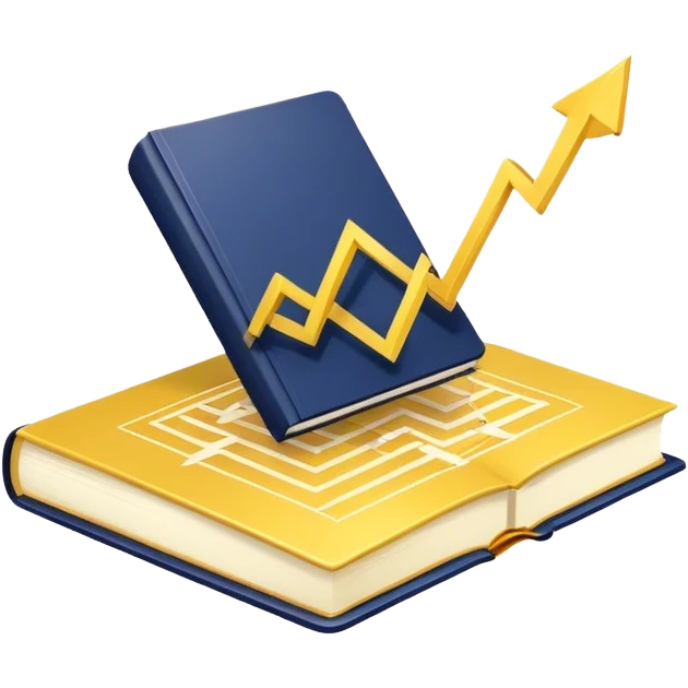 A yellow productivity book with navy blue and gold details, and chart with upward trend aura, radiating productivity, strategy, and success in motion with time and happiness yellow... power in time aura of happiness emoji