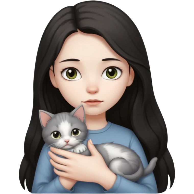 Девушка с тёмными длинными волосами сидит грустная с котёнком в руках emoji