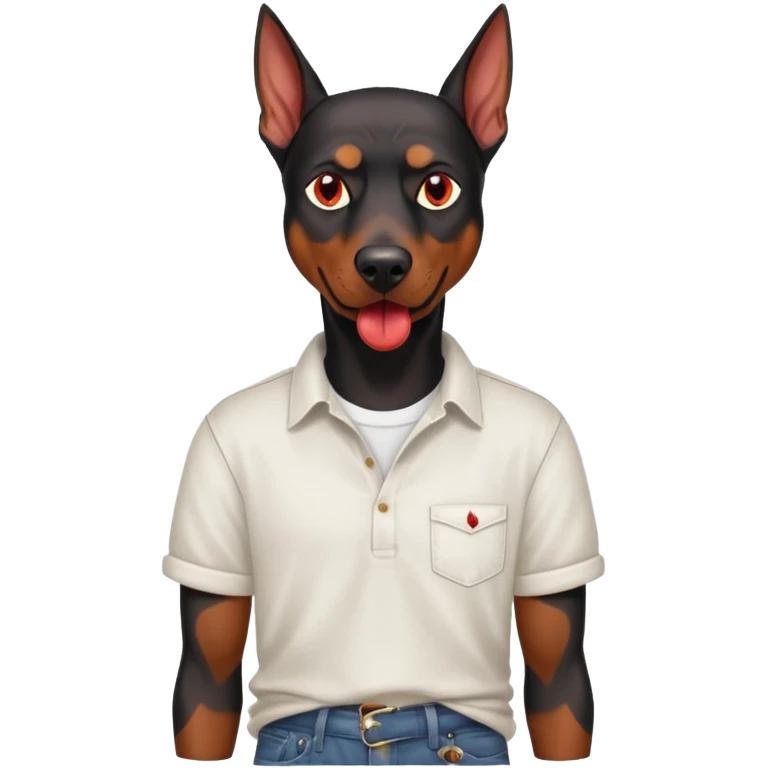 Generate a emoji of a big evil doberman dog with red eyes and a tongue sticking out, give the doberman a human body with a white shirt and baggy jeans emoji