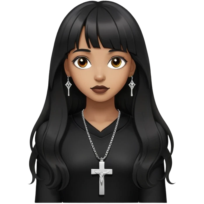 Brown girl with a lighter skin tone, long wavy hair, straight bangs, extremely black hair, more gothic appearance but not too gothic, silver-toned crucifix pendant, Black clothes, she doesn't wear earrings emoji