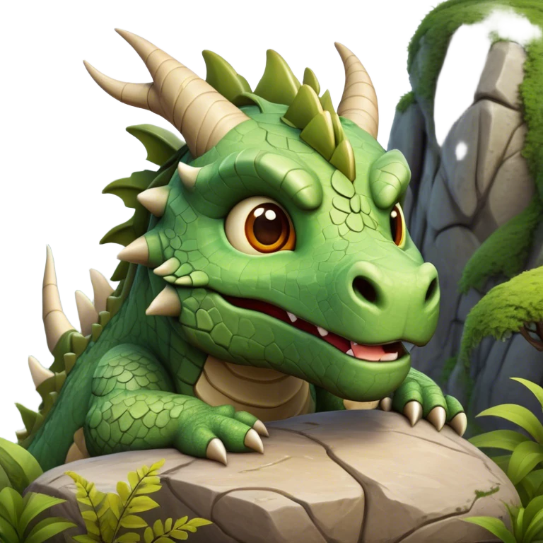 Cinematic Cute Giant Rock Dragon Portrait Emoji, Head tilted playfully and inquisitively, showcasing a robust, stone-carved body with intricately detailed, craggy textures in natural earthen tones accented by soft hints of moss, and a surprisingly gentle, endearing expression; rendered with lifelike clarity and warm, natural light, high shine, mighty yet endearing, styled with a touch of ancient, stony whimsy, soft glowing outline, capturing the essence of a mischievous stone guardian poised to rumble playfully into your embrace! emoji