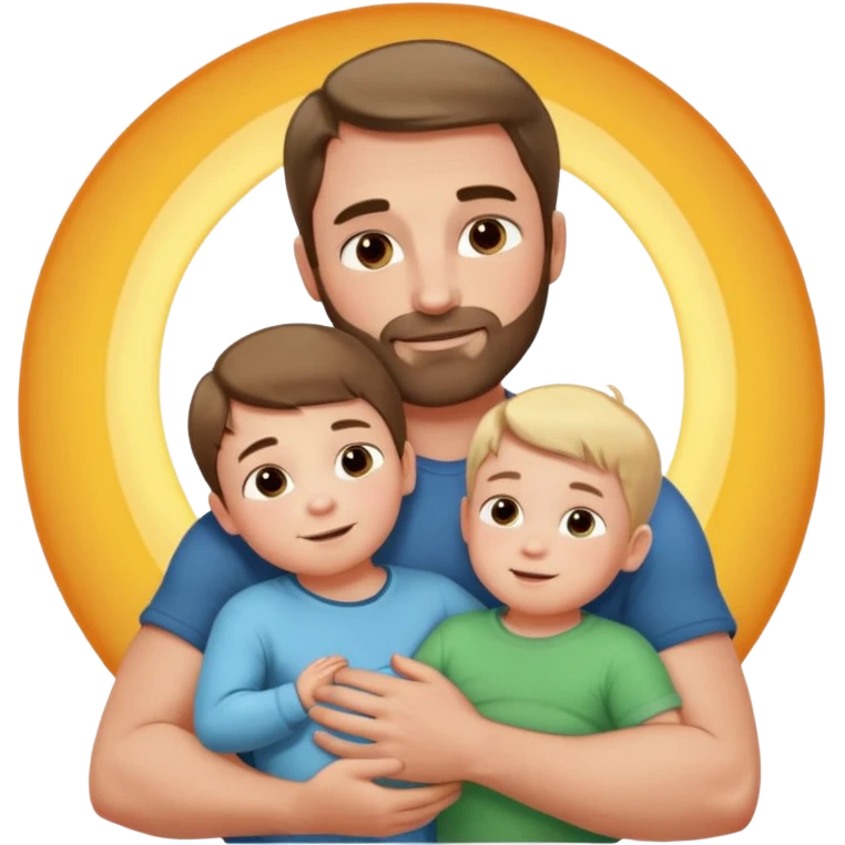 The father stands under the soft sunlight, his strong arms holding his child close to his chest, his gentle face glowing with a warm smile. emoji