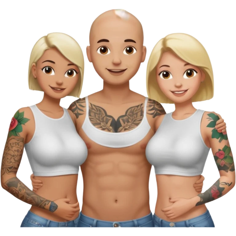 throuple tattooed sleeves bbald male with topless naked big boobed brunette and topless naked big boobed blonde girlfriends  lovingl  and sexy polygamy  emoji