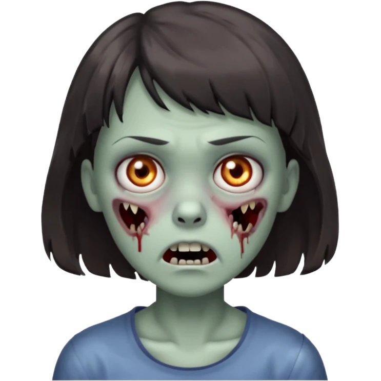 A zombie with a scared face, with medium wavy dark hair and short bangs emoji