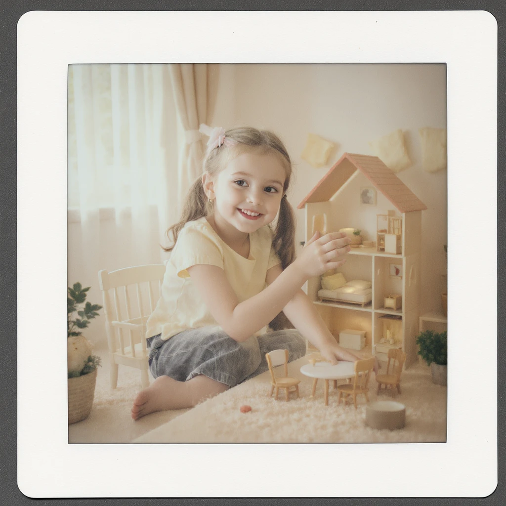 smiling girl arranging furniture in doll house emoji
