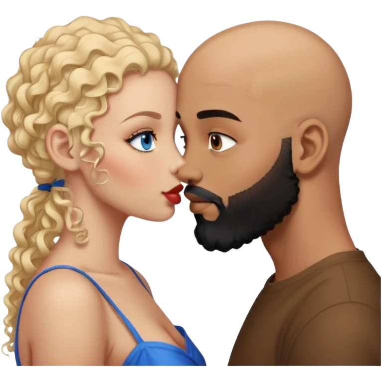 bald head man with brown eyes and black beard kissing African woman with blue eyes and curly blonde hair emoji